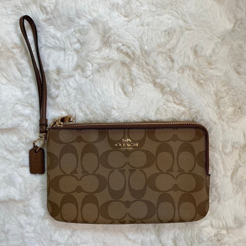 COACH Double Zip Wallet Wristlet in Signature Coated Canvas in Classic Khaki - Picture 3 of 13